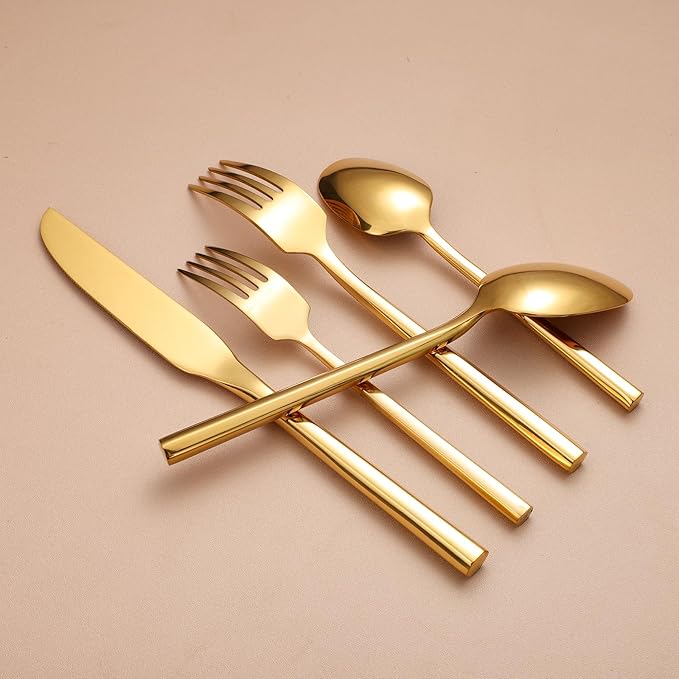 Mirror Silverware Set Gold Flatware Set with Hexagon Handle 20 Pieces 18/0 Stainless Steel Cutlery Set Wedding Housewarming Gift Service for 4 (Mirror gold)