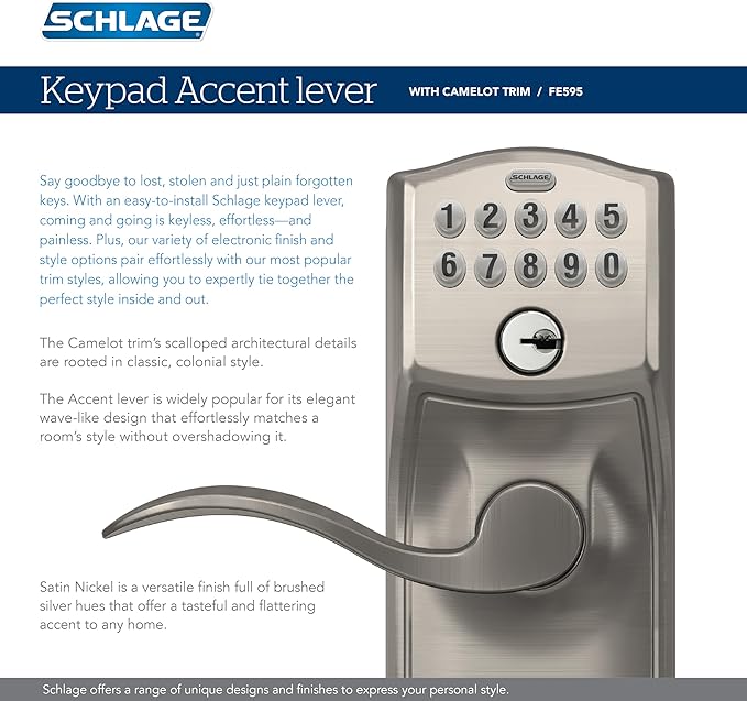 SCHLAGE FE595 CAM 619 ACC Camelot Keypad Entry with Flex-Lock and Accent Levers, Satin Nickel