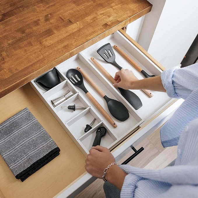 KitchenEdge Adjustable Kitchen Drawer Organizer for Utensils and Junk, Food-Safe Contract Grade with 100% Sustainable Wood, Expandable from 10.5 to 19 Inches Wide - White Bamboo