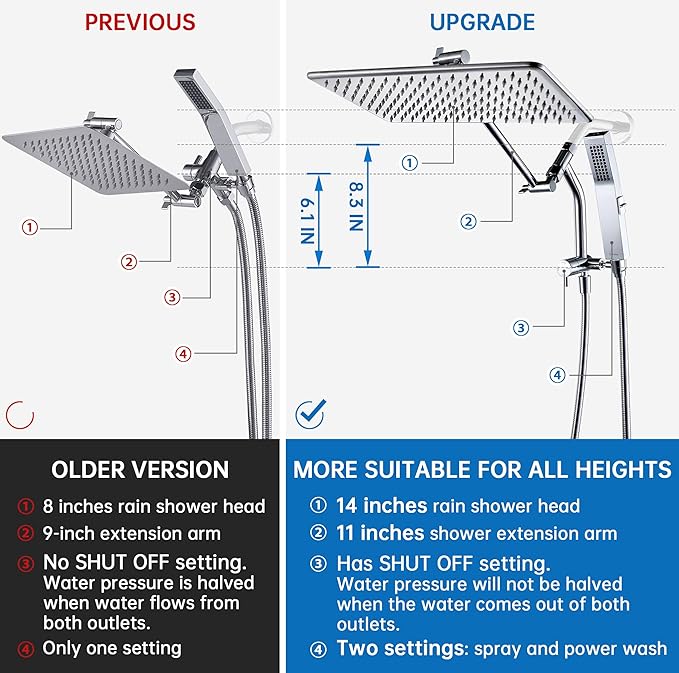 G-Promise All Metal 14 Inches Rain Shower Head with Handheld Built-in Power Wash Mode, 3-way Shower Diverter with Pause Setting, 11 Inches Adjustable Extension Arm, Long Hose (Chrome, 14 Inches)