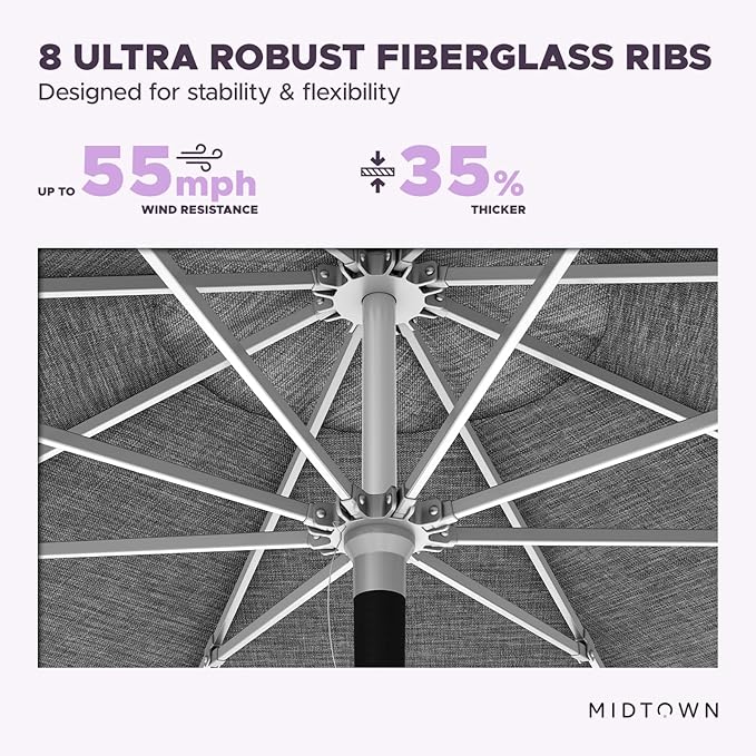 Midtown Umbrellas Push Pop Sunbrella Umbrella 8 Feet Outdoor Umbrella in Cast Slate Acrylic Fabric - Patio, Backyard, Garden, Picnic Table & Pool - Black Pole