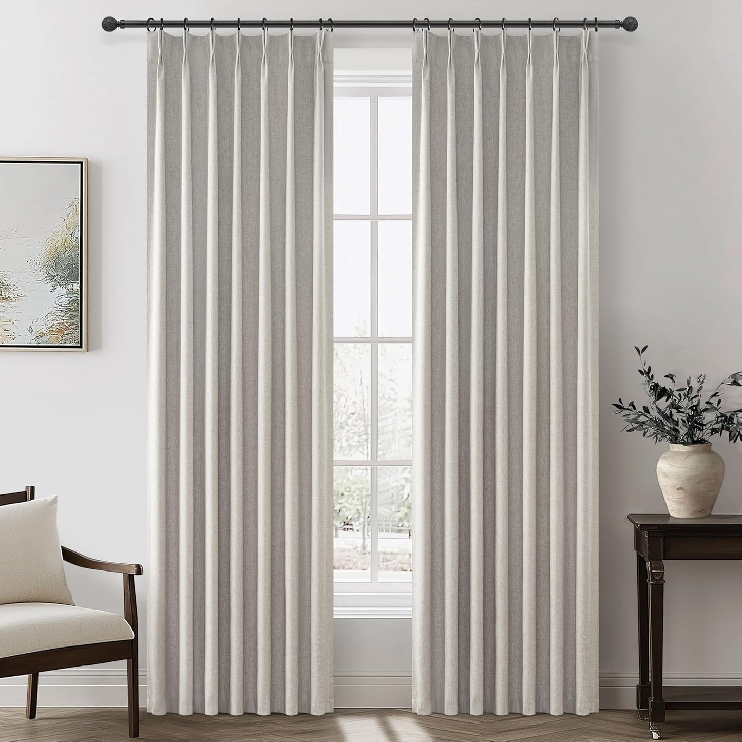 Grey Beige Viral Thick Linen Blackout Curtains 90 Inches Long for Bedroom/Dining Room 2 Panels Set, Neutral Pinch Pleated Melange Energy Efficient Sunblock Drapes with White Backing (40"Wx90"L)