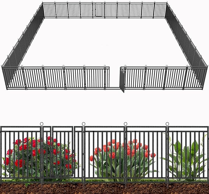 Decorative Garden Fence Metal Dog Fence Outdoor for Yard, 92ft (L) × 40in (H), 35 Panels + 5 Gates, Rustproof Animal Barrier Fencing for Patio & Flower Bed, No Dig, Black-Silver