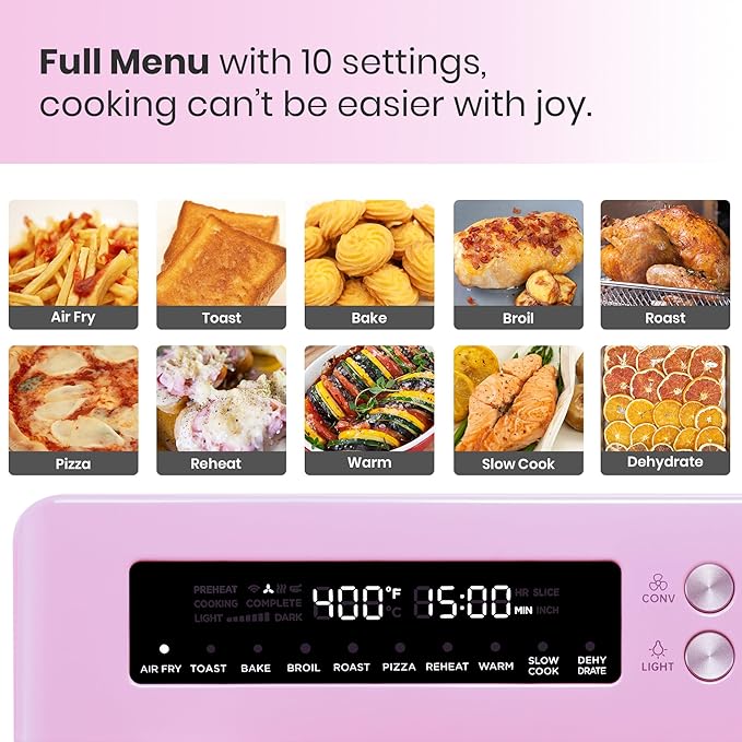 VAL CUCINA Retro Style Infrared Heating Air Fryer Toaster Oven, Extra Large Countertop Convection Oven 10-in-1 Combo, 6-Slice Toast, Enamel Baking Pan Easy Clean with Recipe Book, Classic Pink Color