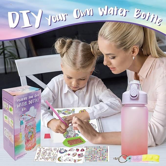 Decorate Your Own Water Bottle Kits,Fun Arts and Crafts Gifts for Girls Age 4-6-8-10,Unicorn Painting Crafts Toys for Girls Birthday