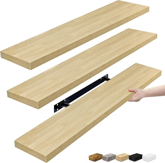 Sorbus Floating Shelves for Wall - 35 Inch Long Bathroom Shelves, Wall Decor for Bedroom, Kitchen, Living Room & Book Storage - Mounted Floating Shelf with Invisible Brackets (Maple Wood, 3 Pack)