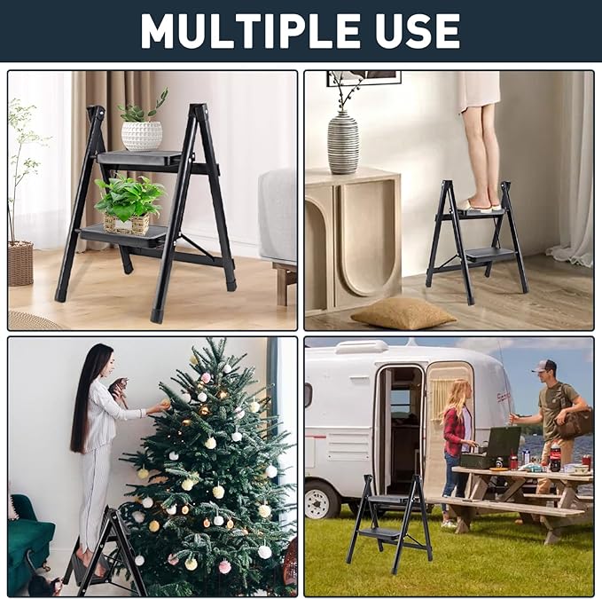2-Step Ladder, Folding Step Stool for Kitchen/Closet/Garage, Sturdy & Lightweight Aluminum Handy Ladder, 250 lbs Capacity, Anti-Slip Pedals, Compact & Portable for Home DIY & Everyday Use