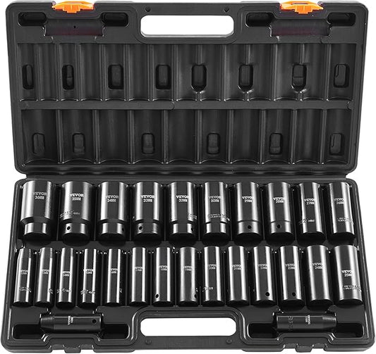 VEVOR Impact Socket Set 1/2 Inches 26 Piece Deep Sockets, , 6-Point , Rugged Construction, Cr-V, 1/2 Inches Drive Socket Set Impact Metric 10mm - 36mm, with a Storage Cage