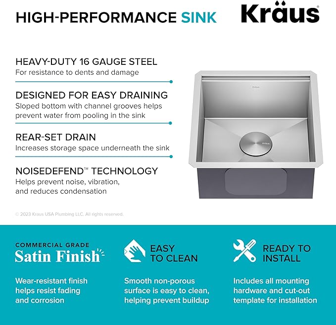 KRAUS Kore 17-Inch Undermount Workstation 16 Gauge Single Bowl Stainless Steel Bar Kitchen Sink with Accessories, KWU111-17