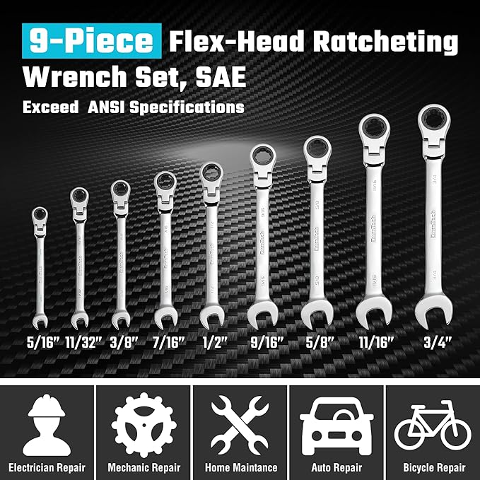 DURATECH 9-Piece Flex-Head Ratcheting Wrench Set, Combination Wrench Sets, 72 Tooth, SAE, 5/16'' to 3/4'', CR-V Steel, Mirror Polished Chrome Plated with Rolling Pouch