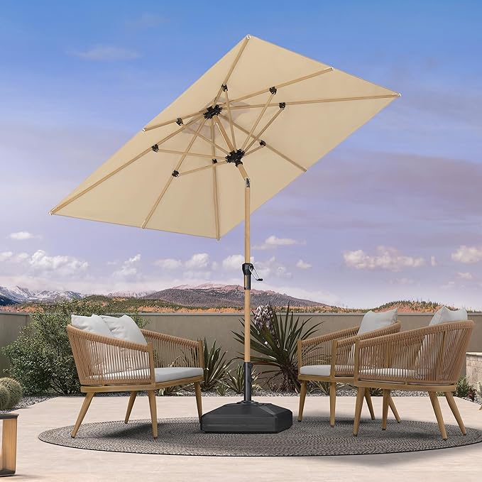 PURPLE LEAF 6.5' x 6.5' Square Patio Umbrella Market Umbrella Aluminum Outdoor Table Umbrella with Push Button Tilt & 8 Sturdy Ribs and Crank Commercial Sun Umbrella for Pool Backyard Deck, Beige