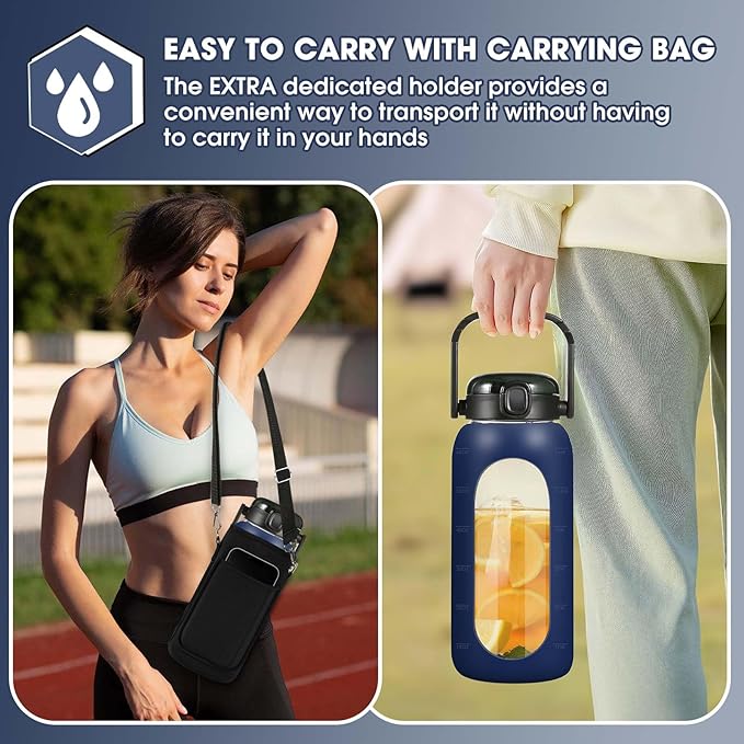 Glass Water Bottles 64 oz - Half Gallon Water Bottle with Straw Phone Holder Handle Time Marker and Silicone Sleeve, Large Motivational Water Jug with Carrier Bag for Daily Intake Gym Blue
