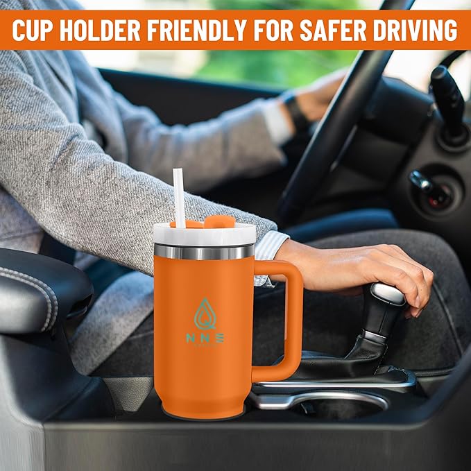 40oz stainless Steel Insulated Tumbler with Handle, lid and straw for cold water, Iced tea, or coffee - 100% Leak-Proof - Cupholder Friendly Travel Mug- Gifts for Women Men Him Her (Orange)