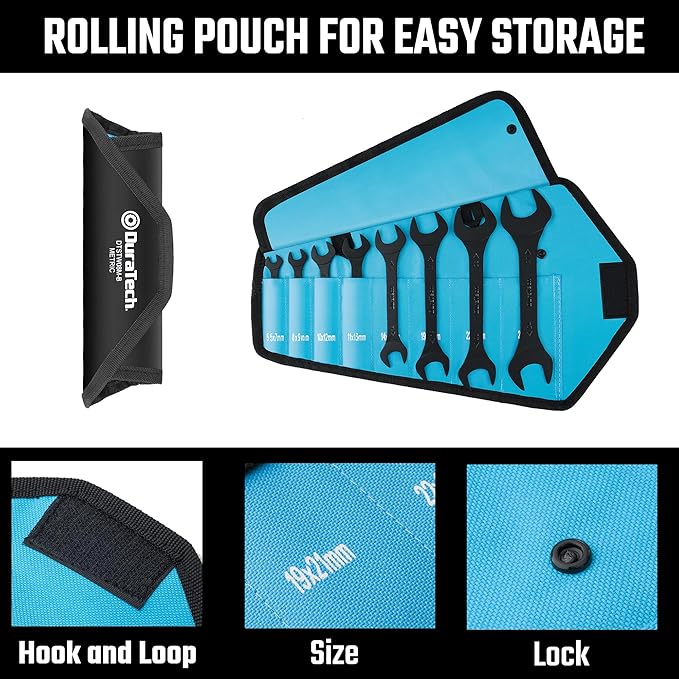 DURATECH Super-Thin Open End Wrench Set, Metric, 8-Piece, 5.5mm to 27mm, Black Electrophoretic Coating, with Rolling Pouch