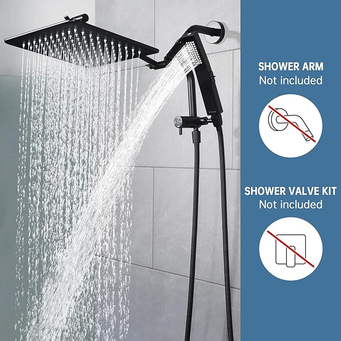 G-Promise All Metal 10 Inches Rain Shower Head with Handheld Built-in Power Wash Mode, 3-way Diverter with Pause Setting, 11 Inches Adjustable Extension Arm with Lock Joint, Long Hose (Matte Black)
