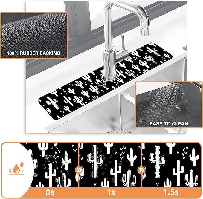 Kitchen Faucet Mat Fun Western Cactus Kitchen Sink Splash Guard Faucet Mat,1 PC Splash Guard Behind Faucet Drip Catcher for Kitchen,Sink Mat,Dish Drying Mat,Bathroom Faucet Mat 23.5"X5.5"