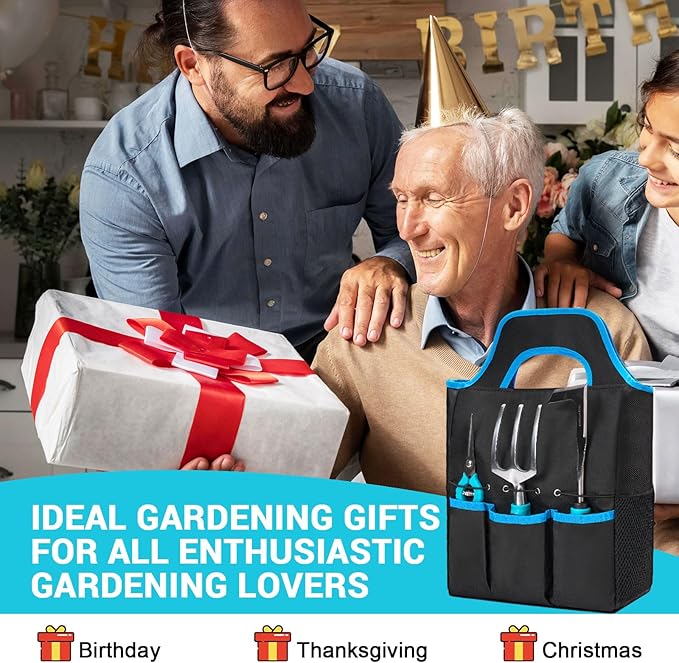 Garden Tool Set with Non Slip Rubber Grip,11 Piece Stainless Steel Gardening Tool Sets,Heavy Duty Outdoor Hand Tools Kit,Durable Tote Bag,Repotting mat,Uprooting Weeding Tool,Ideal Gifts for Women Men