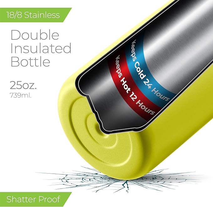 SipX™ Triple-Insulated Stainless Steel Water Bottle 25oz. With 3 Lids, BPA-Free Reusable Insulated Water Bottle Keeps Cold 24 Hours, Metal Water Bottle Made Of Sustainable Material For Hiking & Biking