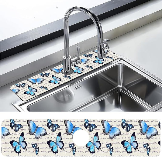 Kitchen Sink Splash Guard Faucet Mat Butterflies Hand Written Text Sink Splash Guard Behind Faucet,1 PC Soft Diatom Mud Non-Slip Mat-for Kitchen,Dish Drying Mat,Bathroom Faucet Mat 23.5"X5.5"