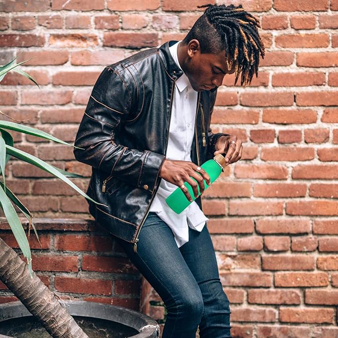 Glass Water Bottle with Protective Silicone Sleeve and Bamboo Lid Urban green, 18oz, 1extra 304 Stainless Steel Lid with Handle, BPA Free, Dishwasher Safe, Best gift