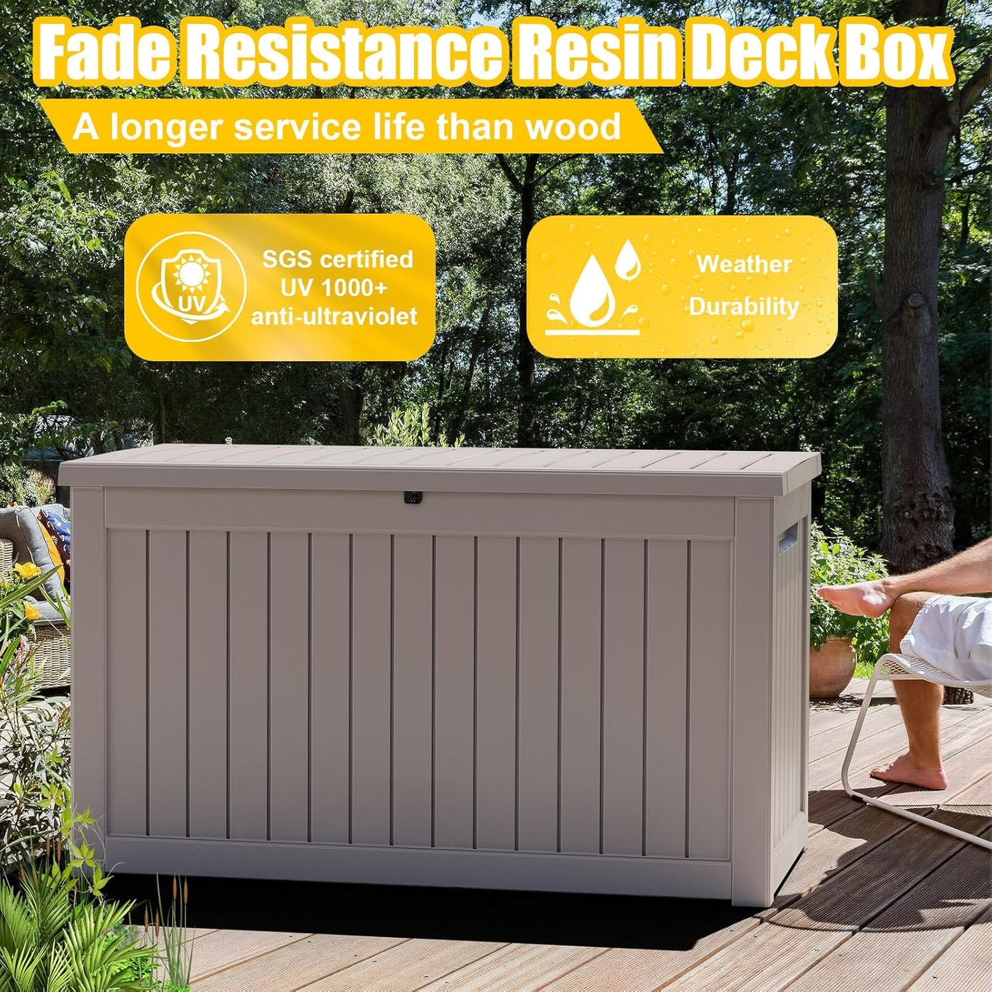 Vixzen 230 Gallon Resin Deck Box, Lockable Outdoor Storage Box for Patio Cushions Storage Furniture,Garden Tools, Pool Supplies, Weatherproof and UV Resistant- Grey