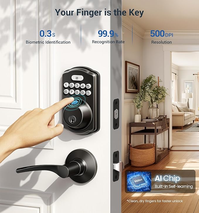 Veise Fingerprint Door Lock with 2 Lever Handles - Keyless Entry Door Lock, Electronic Keypad Deadbolt, Digital Smart Code & Front Handle Sets, Auto-Locking, Easy Installation, Matte Black