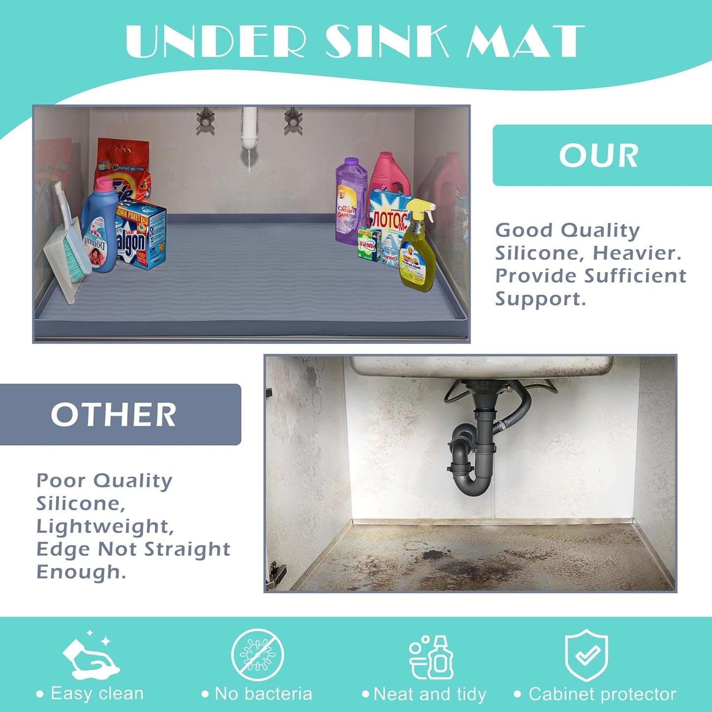 URMONA Waterproof Silicone Under Sink Mat 16'' x 10'' Shelf Liner for Kitchen and Bathroom, Cabinet and Counter Protector, Storage and Organizers, Litter Mat, Pet Cat Puppy Essentials(Cream)