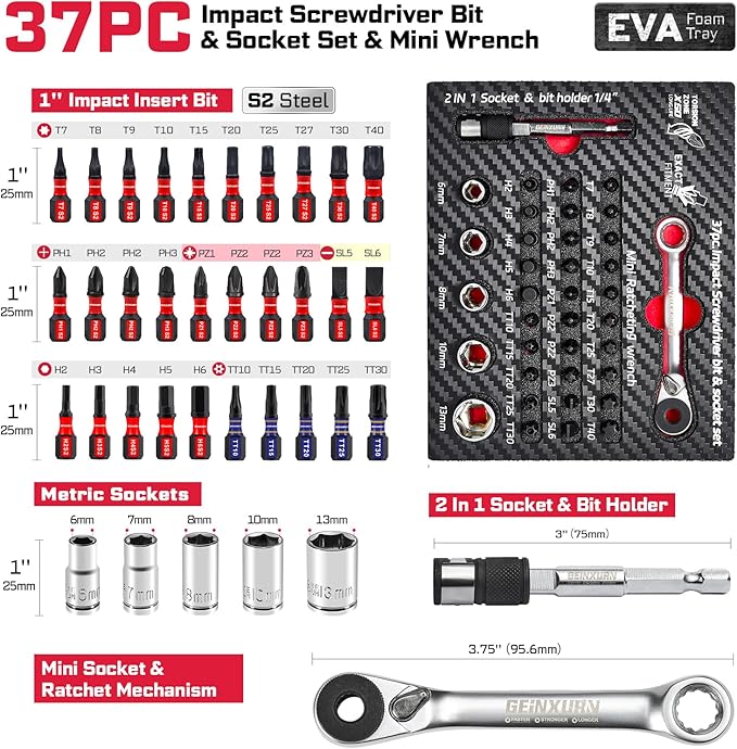 37Pieces Impact Screwdriver Bit & Socket Set with Mini Ratcheting Wrench, 30Pcs Impact S2 Screwdriver Bits, 5Pcs Sockets and 2-In-1 Bit Extension Holder Repair Tools