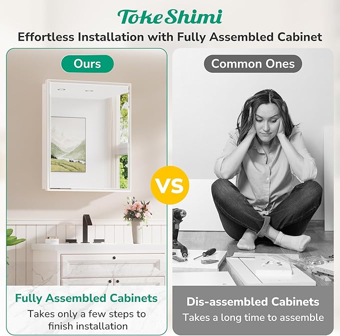 TokeShimi 24x30 Recessed Medicine Cabinet with Mirror Wall Mounted, Metal Beveled Mirror with Storage for Bathroom Vanity, Aluminum White Medicine Cabinet Mirrored