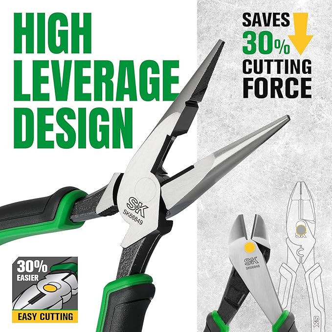 SK 3-Piece Pliers Set, 9.5-Inch Linesman, 8-Inch Diagonal & Needle Nose Pliers, Premium CR-V Construction, Ergonomic Anti-slip Handle, with Rolling Pouch
