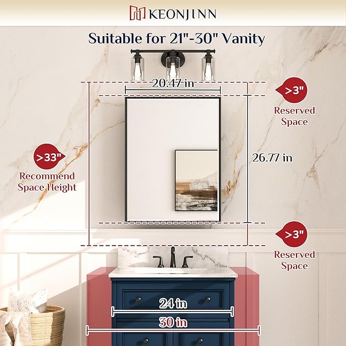 Keonjinn 21" x 27" White Medicine Cabinet with Mirror, Recessed or Surface Wall-Mounted Aluminum Alloy Framed Beveled Mirror, Single Door Farmhouse Bathroom Cabinet with Storage