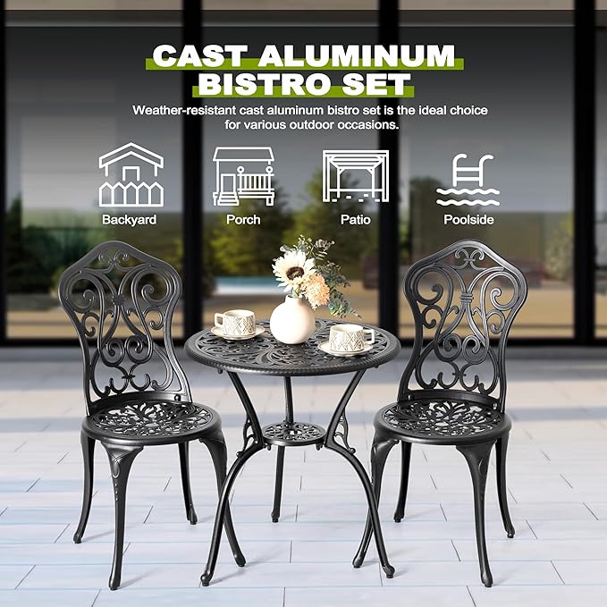 NUU GARDEN 3 Pieces Patio Bistro Set, Round Table with Umbrella Hole, Outdoor Bistro Set with 2 Chairs, All-Weather Outdoor Patio Bistro Set for Garden, Lawn, Poolside, Porch, Black