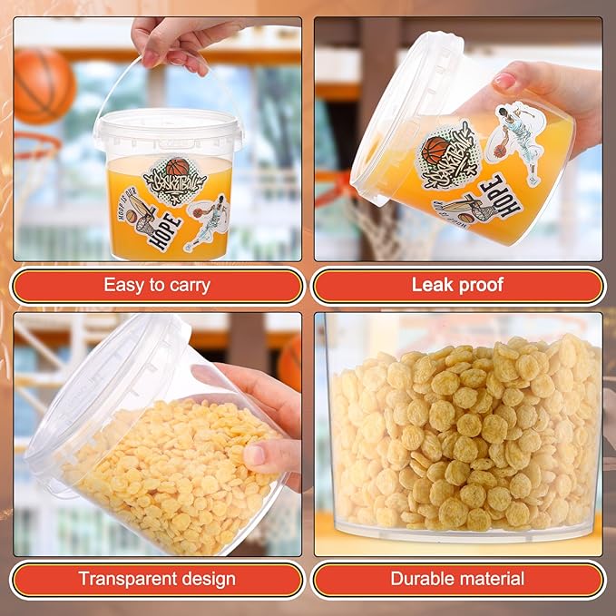 PerKoop 20 Pcs 32 oz Basketball Ice Cream Buckets with Lids and Handles Clear Cocktail Rum Buckets for Drinks with 200 Stickers Plastic Transparent Tub Reusable Food Storage Containers for Parties