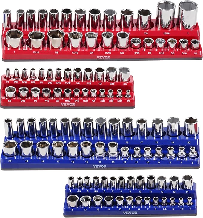 VEVOR Magnetic Socket Organizer Set, 4PCS Magnetic Socket Holder, 1/4'' & 3/8'' Metric SAE Socket Trays with Clear Labels, Hold up to 108PCS Standard & Deep Sockets, Blue & Red (Sockets Not Included)