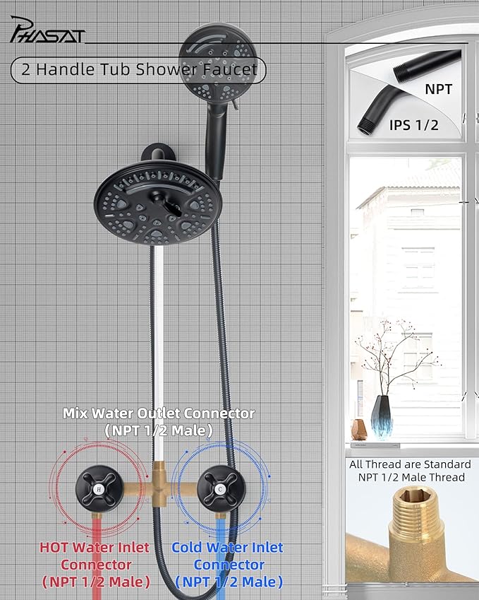 PHASAT 2 Handle Shower Faucet With Handheld Shower Head,Dual 2 in 1 Showerhead Kit,Shower Head & Handheld Spray Shower Combo Set,Tub and Shower Trim Kit With Rough-in Valve,Matte Black,PU4H08