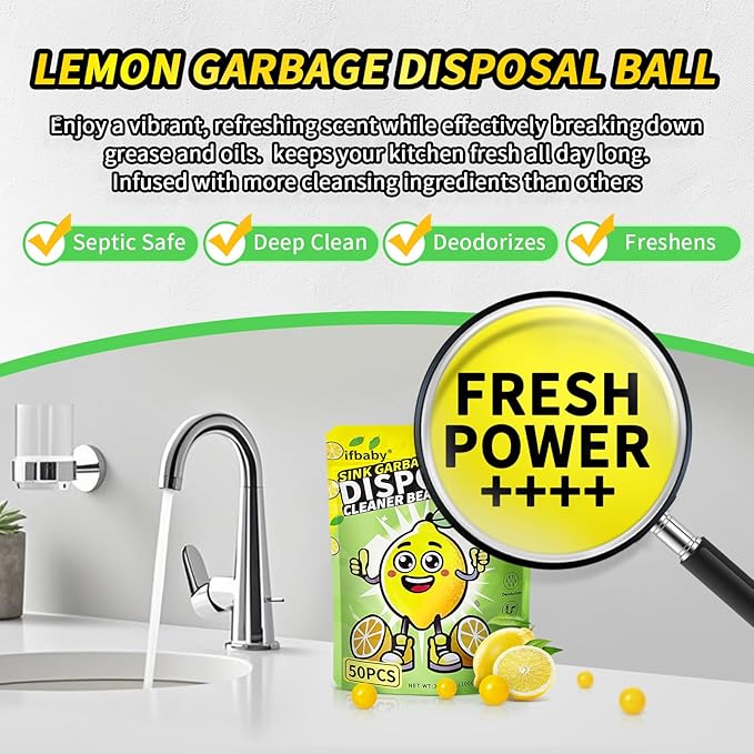 50 Count Garbage Disposal Cleaner and Deodorizer – Sink Odor Eliminator, New Powerful XL Sink Drain Freshener Pods | Dissolves Grease, Eliminates Odors, Lemon Zest Scent