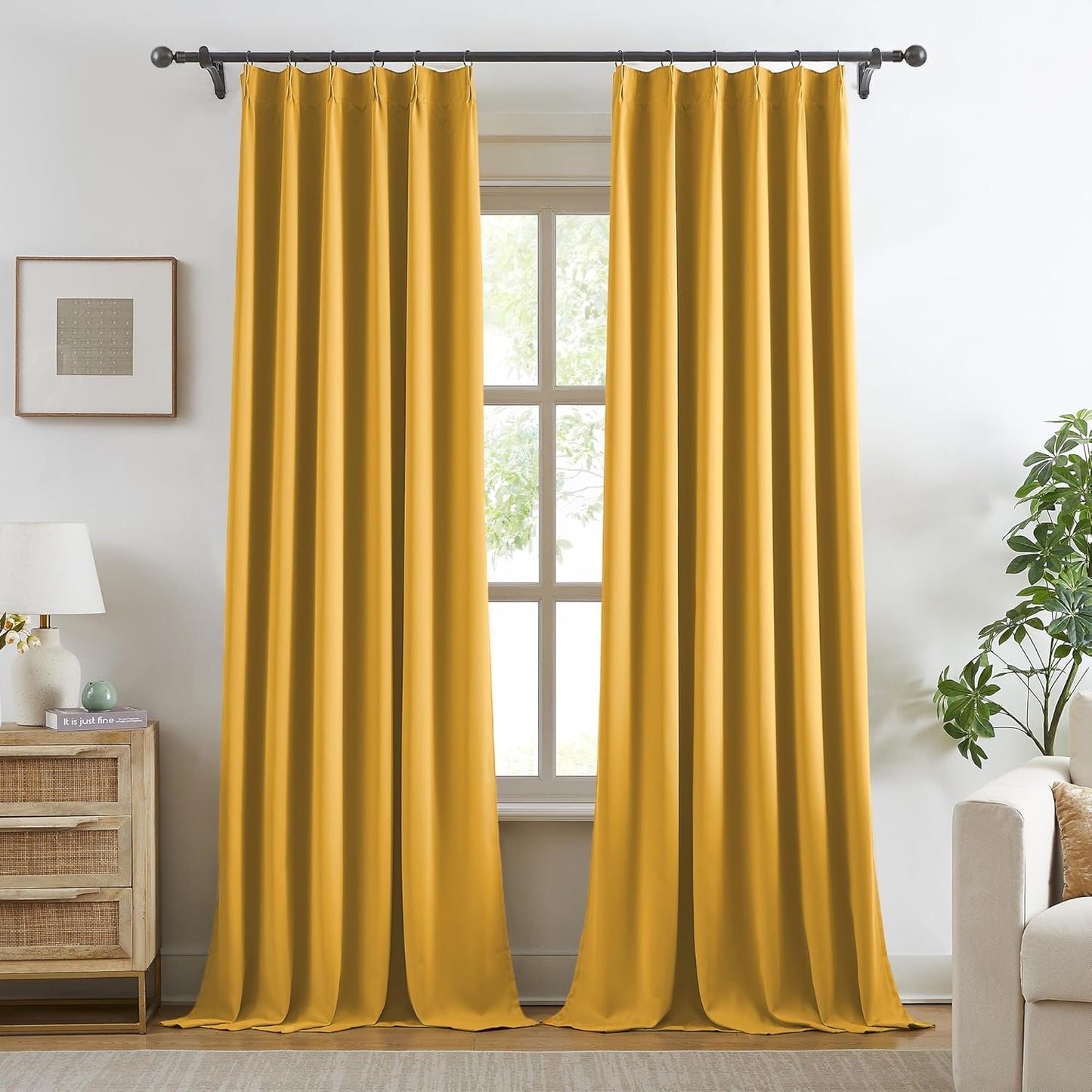 KangBang Room Darkening Yellow Curtains 108 Inches Long, Pinch Pleated Thermal Insulated Luxury Window Treatments for Living Room Dining with Hooks, Heat Blocking Pleated Drapes(40"x108"x2)