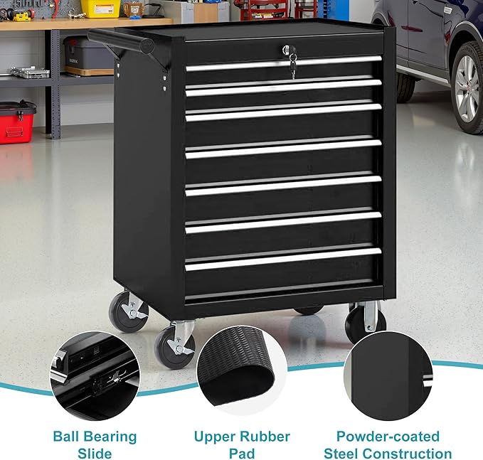 Tool Chest 7 Drawers Garage Storage Cabinet Steel Frame Tool Chest with Wheels, Top Storage Rack, Rubber Mat, Side Handle for Garage Workshop, Black