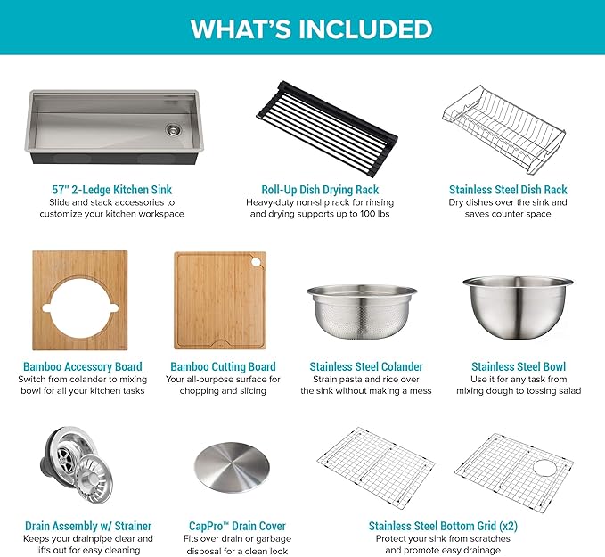 KRAUS Kore 57-inch Undermount Workstation 16 Gauge Single Bowl Stainless Steel Kitchen Sink with 10 Accessories, KWU210-57