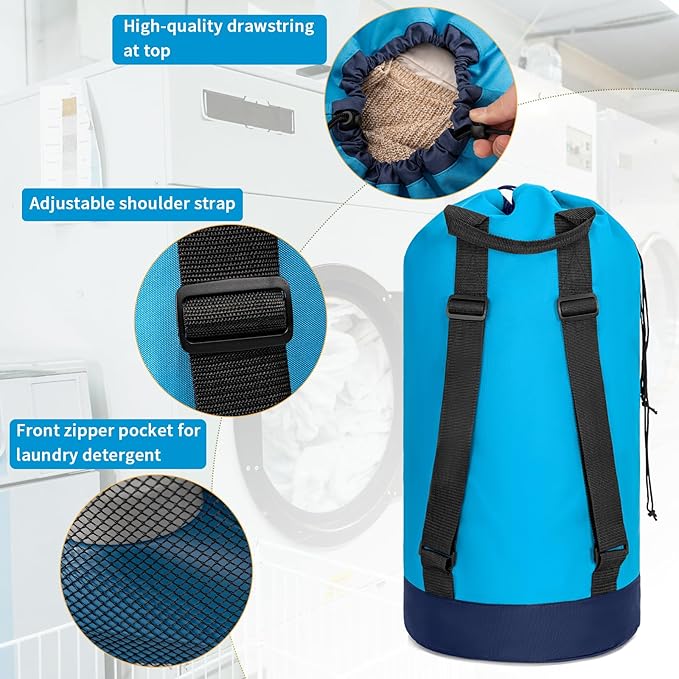 Laundry Bag Backpack with Shoulder Straps and Mesh Pocket Foldable Laundry Hamper for College, Apartment, Laundromat (Blue)