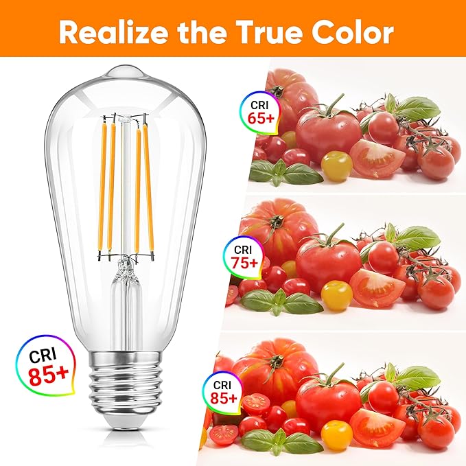 WIHTU LED Filament Light Bulbs, Bright Vintage 6W LED Edison Bulbs, St58 2700K Warm Light Bulbs with CRI 85+, E26 Standard Base, 900LUM, Non-Dimmable, Clear Glass, Pack of 4