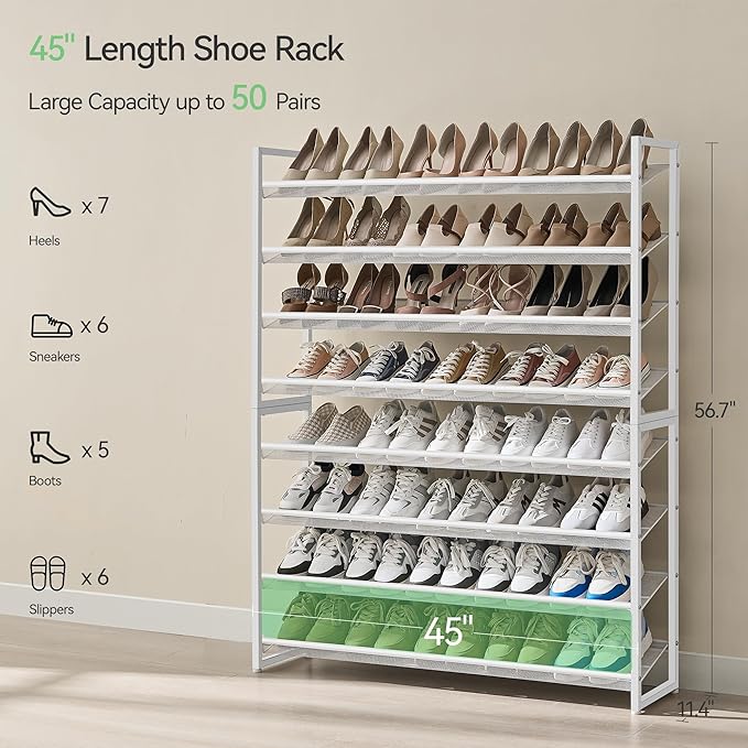 Shoe Rack, Long Shoe Organizer,Max Holds 50 Pairs,8 Tier Metal Shoe Storage Shelf,4-Tier Stackable Shoes Organizer for Garage, Entryway,White