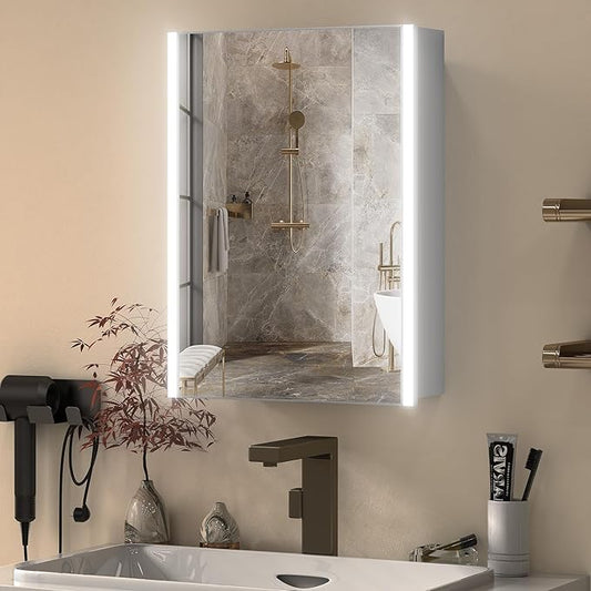 20x26 Inch Medicine Cabinet with LED Light Mirror, Brightneess Adjustable and Full-Assembled Bathroom Aluminum Cabinet with Storage, Surface or Recessed Tempered Cabinet, Farmhouse Sliver