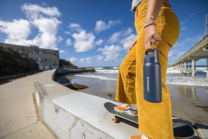 LifeStraw Go Series — Insulated Stainless Steel Water Filter Bottle for Travel and Everyday Use Removes Bacteria, Parasites and Microplastics, Improves Taste, 24oz Aegean Sea