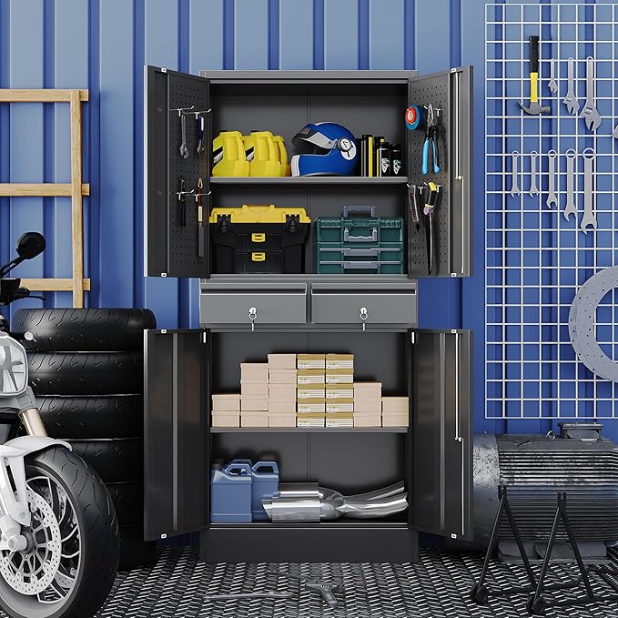 Metal Garage Storage Cabinet with Pegboards and Hooks,MetalTool Storage Cabinet with 2 Drawer and 2 Adjustable Shelves for Garage,Warehouse,Home,Office,School,Requires Installation,Black