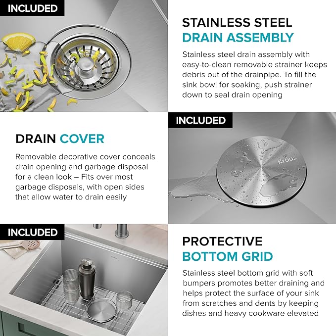 KRAUS Kore 21-Inch Undermount Workstation 16 Gauge Single Bowl Stainless Steel Kitchen Sink with Accessories, KWU111-21