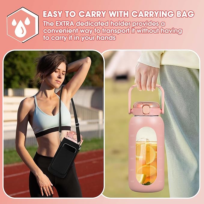 Glass Water Bottles 64 oz - Large Half Gallon Motivational Glass Water Bottle with Time Marker Straw Phone Holder Handle, 64oz Daily Water Intake Jug with Silicone Sleeve for Office Work Gym Pink