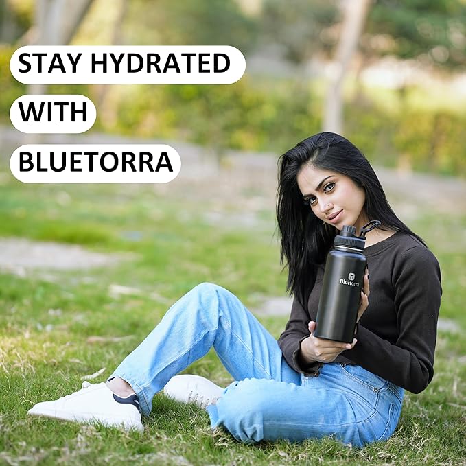 Bluetorra Black Stainless Steel Water Bottle 32 oz Vacuum Insulated, Leakproof Lid Keeps Drinks Cold 24 Hours, Durable - Ideal for Sports, Gym, Outdoor Activities Stay Hydrated water bottle