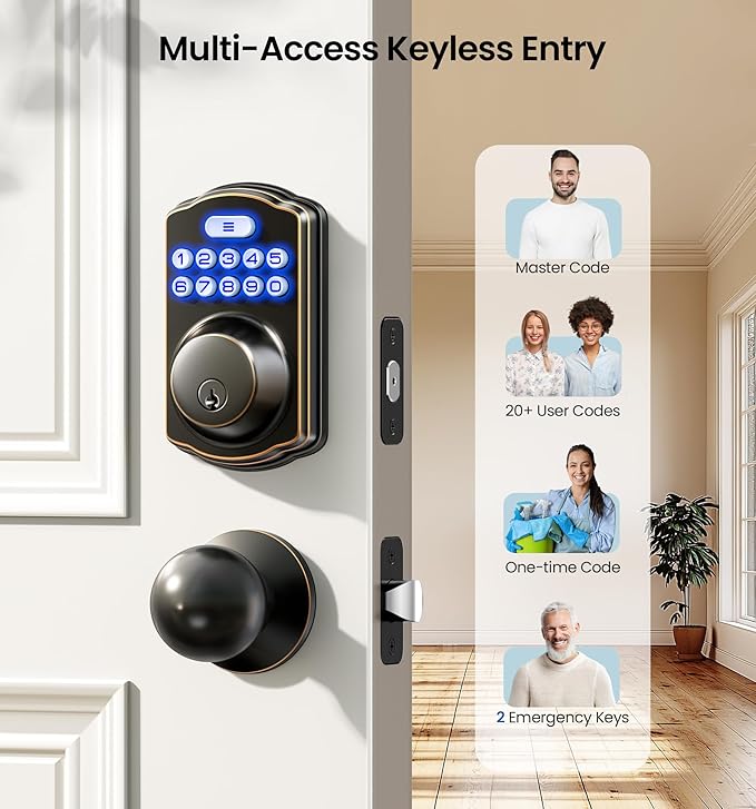 Veise Keyless Entry Door Lock with 2 Knobs, Electronic Backlit Keypad Deadbolt with Handle Set, Auto Lock, One-time Codes, Smart Deadbolt for Front Door, Easy Installation, Oil-Rubbed Bronze
