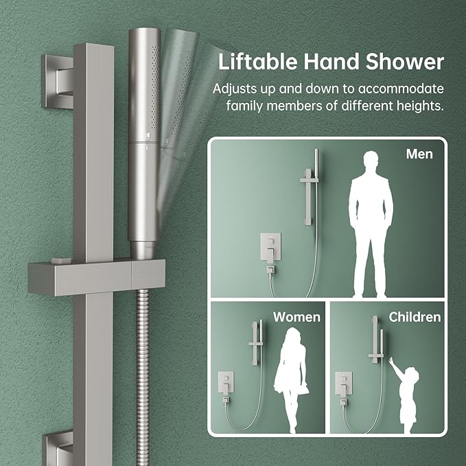 Hoimpro12 Inch Rain Shower System, High Pressure Shower Heads and Handheld 2-Spray Combo Set Slide Bar Shower Faucets Sets Complete Included Valve and Trim Kit for Bathroom, Brushed Nickel